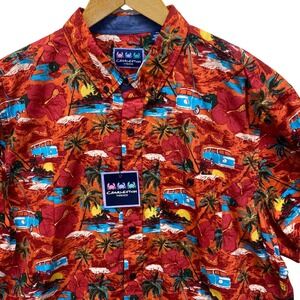 Charleston Threads Mens XL Orange Tropical Surf Van Cotton Button Down Shirt NEW